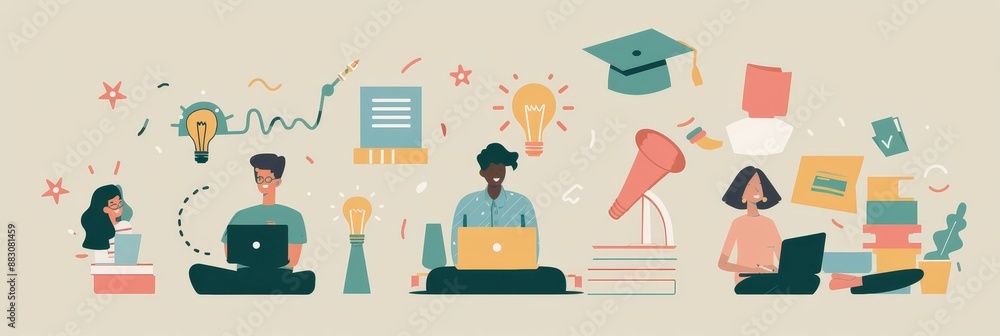 Poster diverse students learning and growing - an illustration showing diverse students using laptops to st