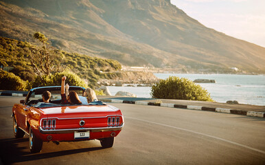 Nature, travel and friends in car for road trip on vacation or holiday in countryside for journey....