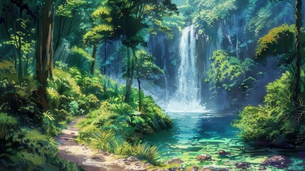 Fototapeta premium A secret trail leading to a hidden waterfall in a lush forest, serene and magical, watercolor, dreamy, vibrant greens and blues