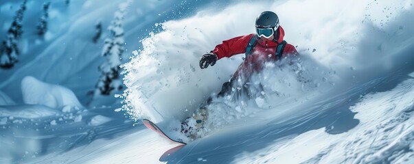 A snowboarder carving through fresh powder on an alpine slope, snow flying, thrilling and dynamic, high-resolution, bright whites and cool blues