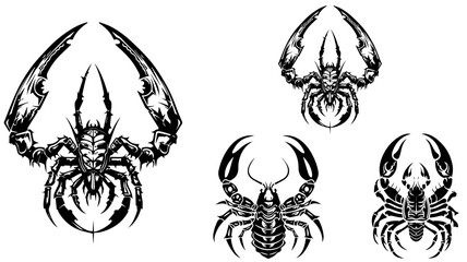 Silhouette noire de scorpion sur fond blanc,Scorpion vector illustration set - diverse, striking black and white scorpion icons, ideal for tattoos, logos