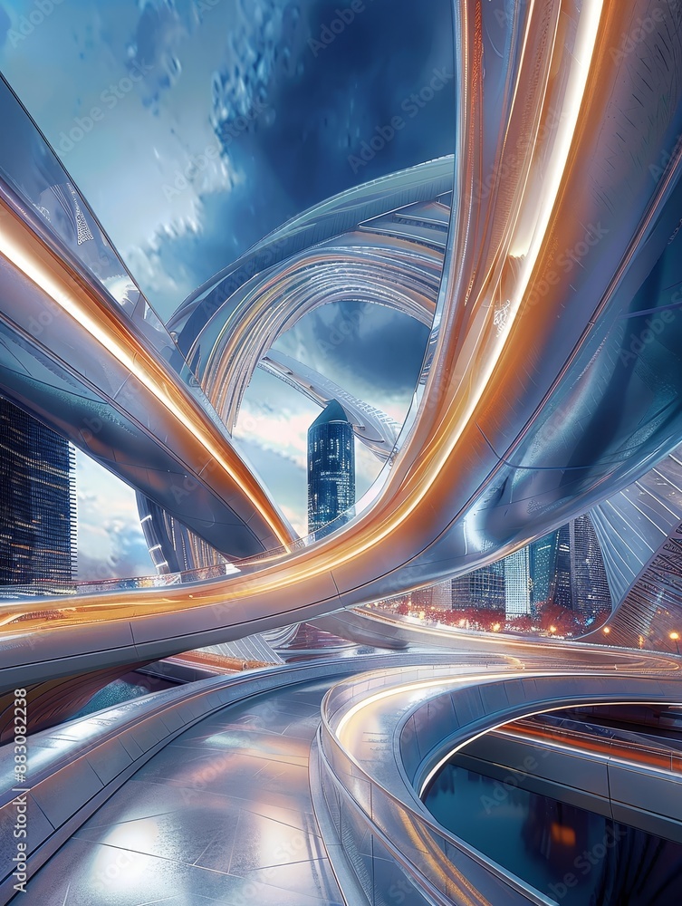 Poster futuristic cityscape with intertwined structures - a stunning 3d render of a futuristic cityscape wi