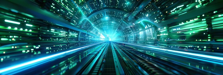 Obraz premium Futuristic Tunnel of Light - A futuristic tunnel filled with bright lights and glowing lines, symbolizing high-speed travel and innovation.