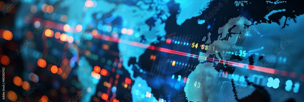 Poster global network data visualization - a digital map of the world with data visualization and network c