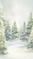 Obraz premium Watercolor style painting of a snowy forest filled with evergreen trees. 