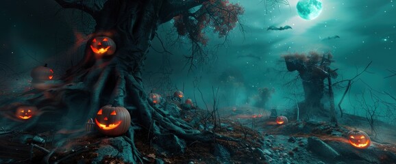 Halloween background with pumpkins and moon in the sky, spooky graveyard scene with glowing jack o' lanterns on tree trunks