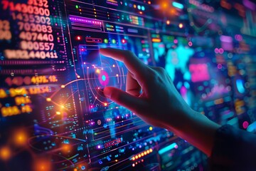Futuristic interface with hand touching screen of glowing digital information