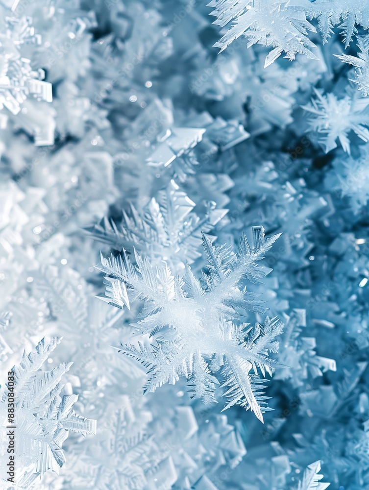 Poster macro photography of snowflake crystals - close-up image of intricate snowflake crystals, showcasing