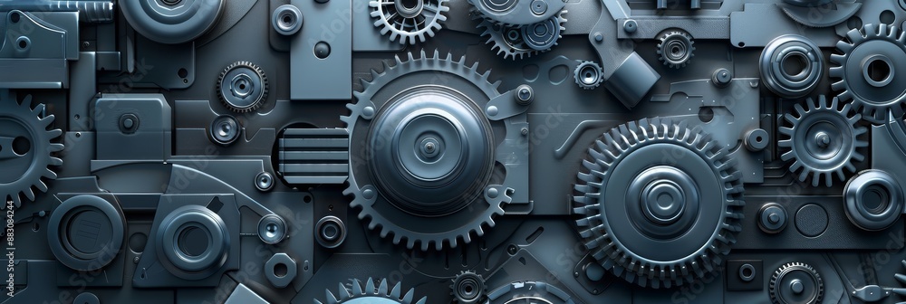 Poster metallic gears and components - close up shot of a metallic background with gears, cogwheels and oth
