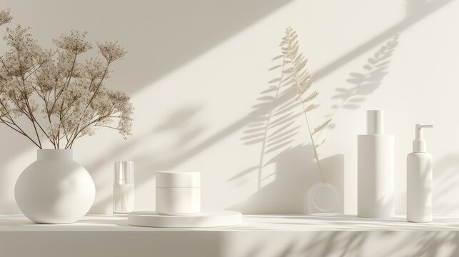 Minimalist Beauty Product Still Life - A white, minimalist still life featuring beauty products, a vase with dried flowers, and a sprig of dried fern. It's bathed in sunlight, casting soft shadows acr