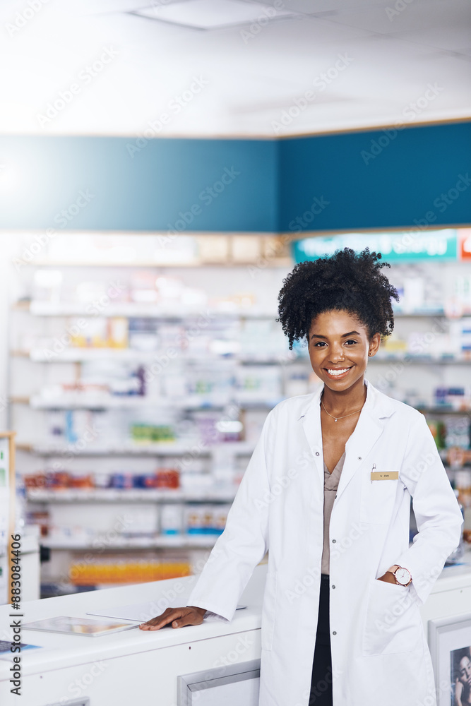 Wall mural Black woman, smile and pharmacist with portrait in clinic of healthcare advice, medical consultant and medicine trust. Confident, female person and health of pharmaceutical wellness at pharmacy help