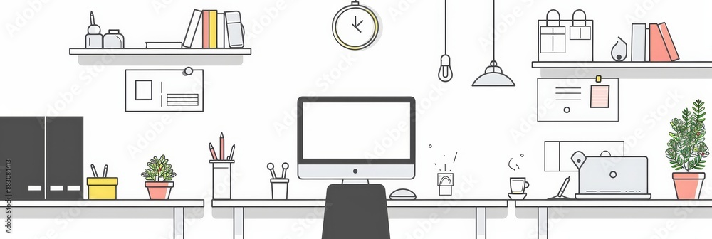 Poster minimalist office workspace - a minimalist illustration of a modern office workspace with a computer