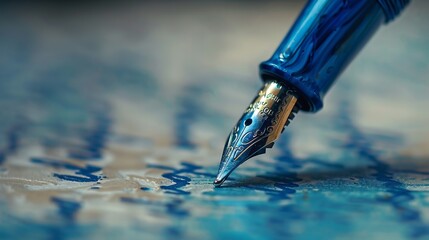 This image captures a close-up view of a fountain pen's nib as it draws intricate lines on paper, highlighting the elegance and precision of fine writing instruments.