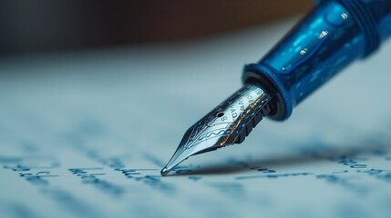 A detailed photograph of a fountain pen nib writing on a piece of paper, showcasing the precision and beauty of traditional writing tools in a modern setting.