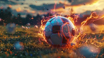 Fototapeta premium A dynamic soccer ball enveloped in a vibrant fiery energy resting on a grass field, capturing the essence of excitement and power of the game in a striking visual.
