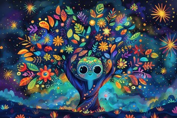 Fototapeta premium A Joyful Tree Under a Starry Sky