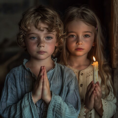 Young boy and girl praying