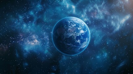 Fototapeta premium A beautiful blue planet, Earth, floats in the vastness of space. Its swirling atmosphere and verdant landmasses make it a vibrant jewel in the galaxy.