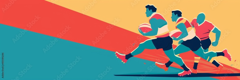 Poster rugby players in action: a dynamic illustration of teamwork and speed - three rugby players running 