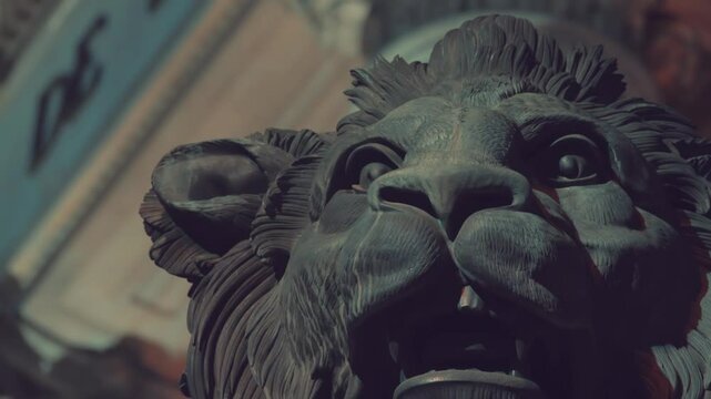 MADRID, SPAIN - DECEMBER 4 2017: Lions of the Congress of Deputies. Carrera de S. Jeronimo. Cortes Square. Translation of focus.