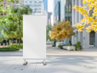 Blank mock up of a roll up banner in an outdoor setting, plain background, no text or images, suitable for outdoor events and public announcements