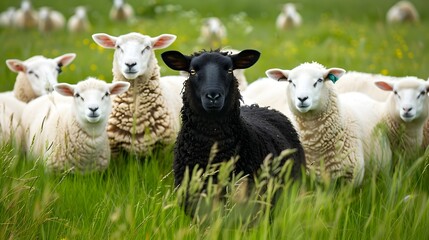 Fototapeta premium Charming Black Sheep Stands Out Amidst Peaceful Flock in Tranquil Meadow Landscape