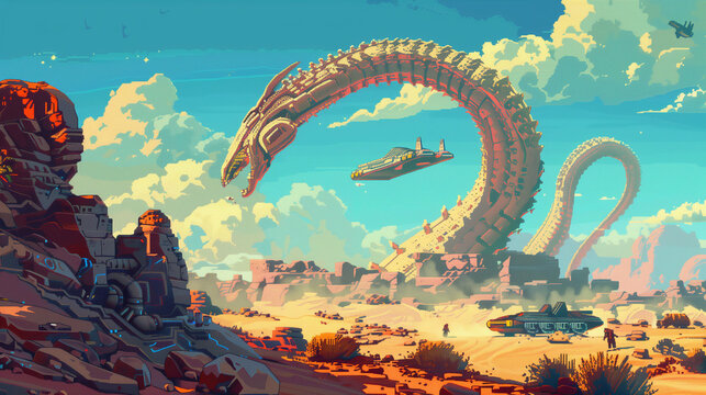 A futuristic desert with giant sandworms and hovercrafts , pixel art, game assets