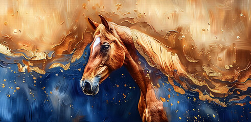 Background. Vintage illustration, horse, chinoiserie, golden brushstrokes. Textured background. Oil on canvas. Modern art. Wallpapers, posters, cards, murals, prints, wall art...........