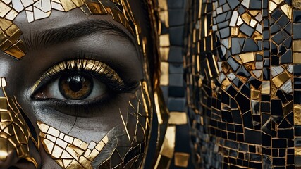 Close-up of a person's face with golden mosaic mask and eye, blending intricate artistic elements and surrealism.