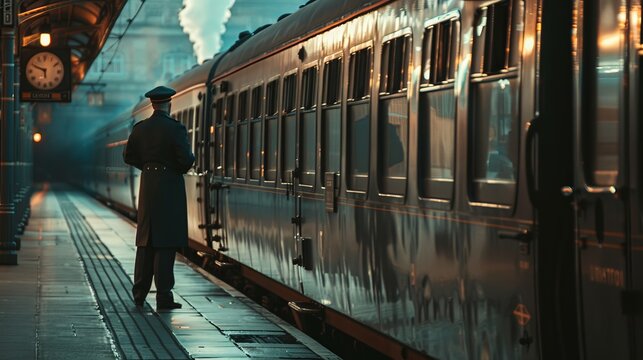 An historic train conductor in uniform stands beside a vintage train in an old station. The dim lighting and vintage clock capture the nostalgic essence of railway travel. - Powered by Adobe