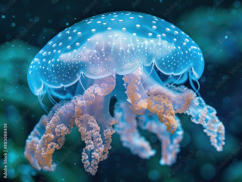 Poster mesmerizing macro close-up of blue blubber jellyfish with intricate patterns in natural light