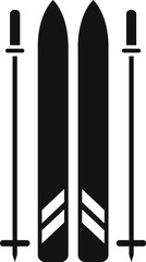 Black icon of mountain skis and poles standing upright, isolated on a white background