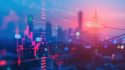 Fototapeta premium Abstract background with digital financial stock market chart and electricity grid, featuring data visualization of energy tables on glass panel.
