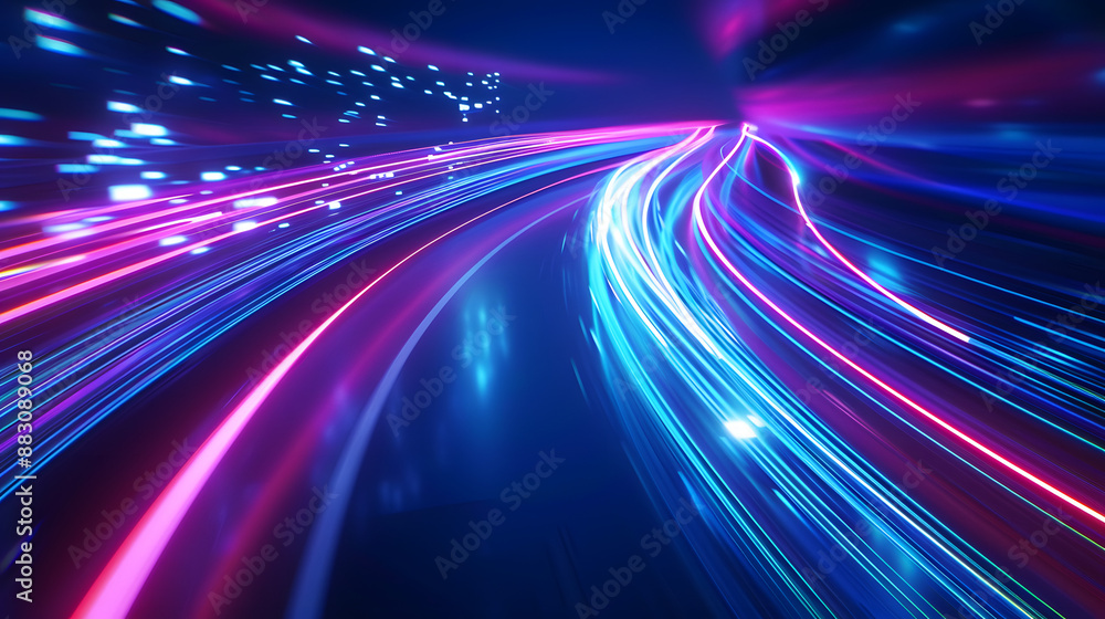 Poster dynamic neon light trails in blue and pink create a sense of speed and futuristic motion against a d