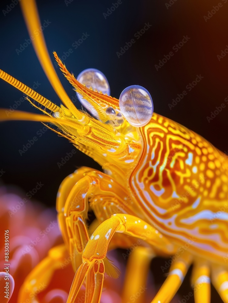 Poster serene macro shot of yellow mandarin shrimp with intricate patterns and delicate features