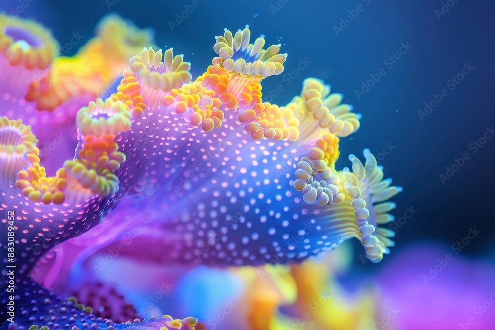 Poster enchanting macro view of deep-sea coral in natural light, revealing intricate patterns and vivid col