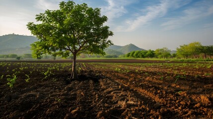 Obraz premium Thriving Tree Cultivation Within Verdant Farming Landscape