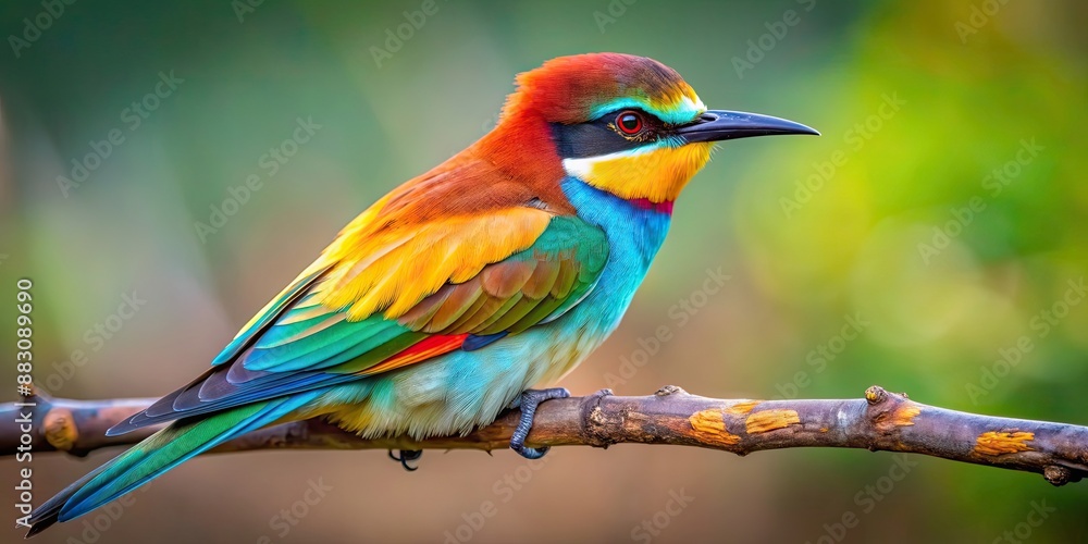 Wall mural Beautiful close-up image of a colorful bird perched on a branch in the wild, nature, wildlife, avian, feathers, flying