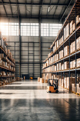 Industry warehouse interior. Industrial interior of large warehouse with parked forklifts, crates, shelves, pallets and boxes. Storage product on factory and logistics concept. Copy ad text space