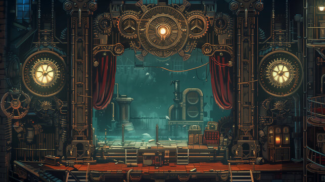 A grand steampunk theater with gears and stage contraptions , pixel art, game assets