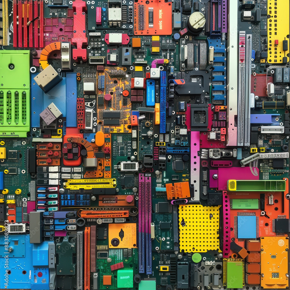 Poster close-up of colorful computer circuitry and electronic components on a motherboard, complex technolo