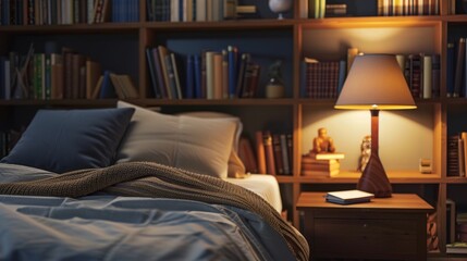 Cozy Bedroom with Bookshelf and Nightstand.