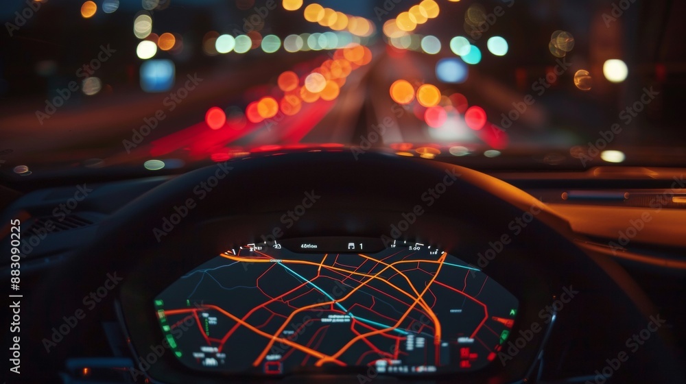 Poster car's path highlighted on a map display. shows how far you've driven.