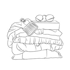 coloring page of a pile of folded clothes with books, glasses and a daisy on top, cartoon for autumn on transparent background