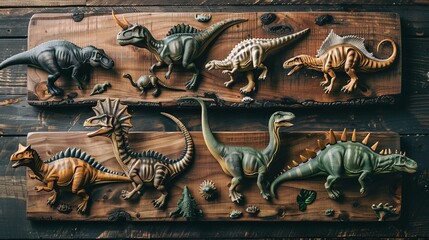 A display of hand-carved wooden dinosaurs arranged on wooden boards, each depicting different species with meticulous attention to detail, highlighting the art of wood carving.
