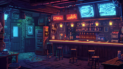 A run-down dieselpunk bar with neon lights and shady characters , pixel art, game assets