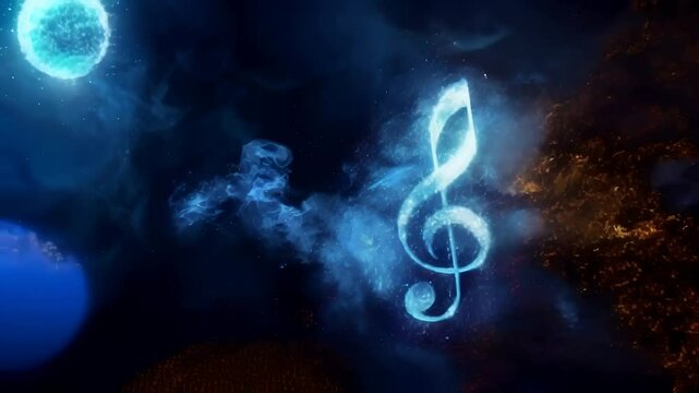 Horizontal video of abstract light paths leading to clef, creating dynamic, energetic video. smooth movement of light analogy with melody, glowing musical treble key on a cosmic dark background