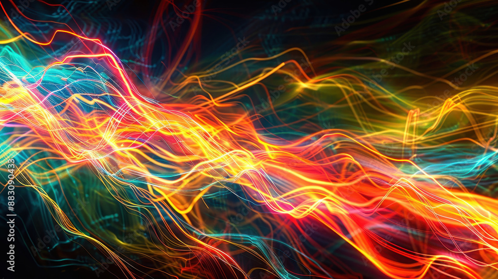 Poster vibrant abstract light trails in dark background creating a dynamic and colorful motion effect