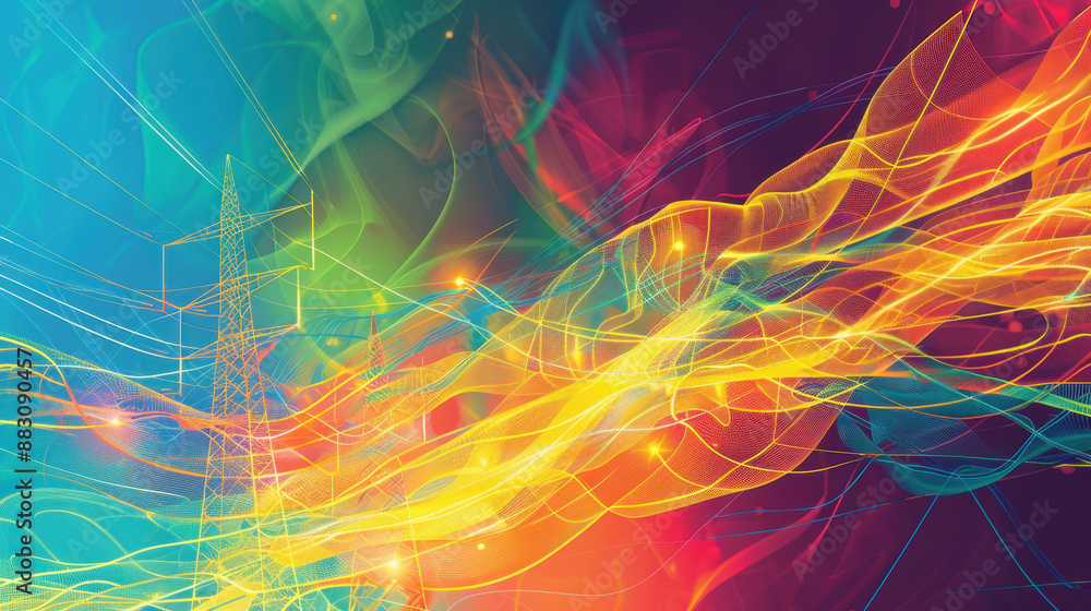 Poster abstract visualization of energetic power lines with vibrant multicolored light trails in a digital 