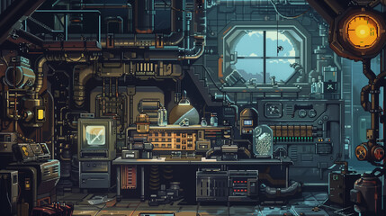 Fototapeta premium A dieselpunk laboratory with experimental machines and test tubes , pixel art, game assets